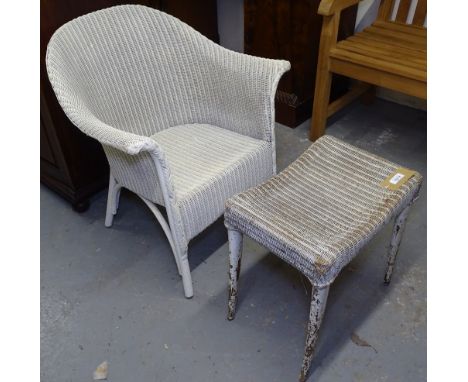 A white painted Lloyd Loom bedroom chair, and stool 