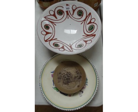 A Poole Pottery bowl, 26.5cm, 2 Poole plates, and a Poole mouse plaque 