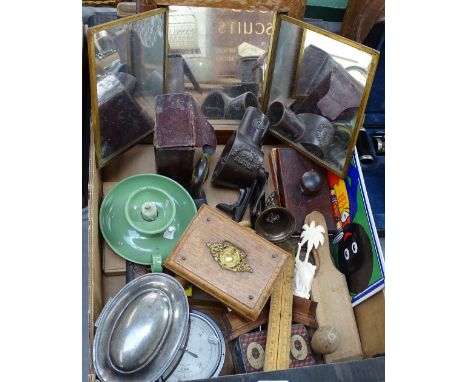 An oval plated caddy, boxes, a magnifier, a mincer etc 