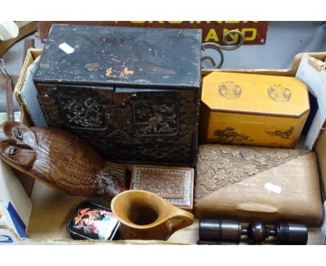 An Oriental table-top cabinet, height 21cm, ebony candlesticks, a tea caddy, a carved wood owl etc 