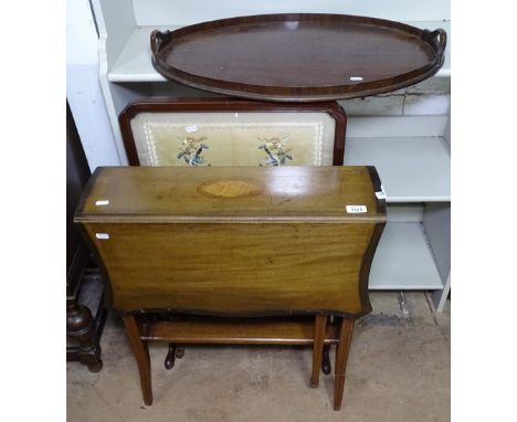 An Oriental hardwood-framed firescreen with an inset needlework and silk panel, W50cm, H80cm, an Edwardian Sutherland table, 