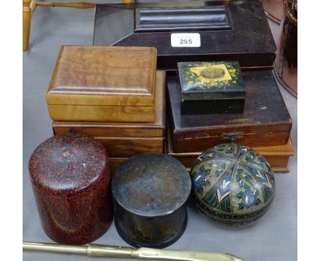 An Antique sarcophagus tea caddy, length 24cm, and various decorative boxes 
