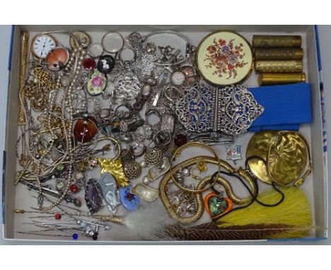 A tray of Vintage costume jewellery, silver rings, bracelets, nurse's buckle, a lady's evening bag with greyhound design hand