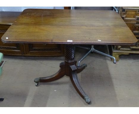 A Regency mahogany rectangular tilt-top dining table, on spiral turned column and tripod base, W105cm 