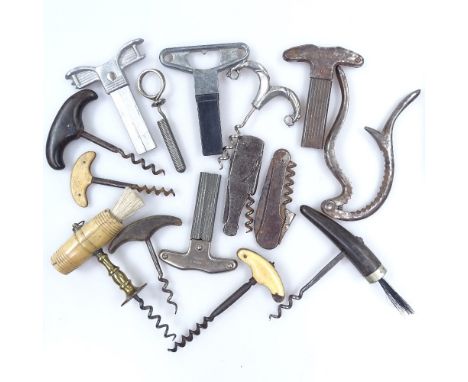 A collection of Vintage corkscrews, including a bone-handled Henshaw corkscrew, and another with bone-covered handle 