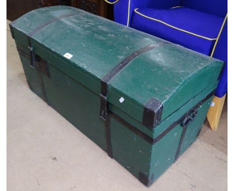 A Scandinavian green painted dome-top pine trunk, W95cm 
