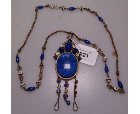 An Austro-Hungarian gilt-metal necklace set with white enamel, blue enamel panels and stones, length 50cm 