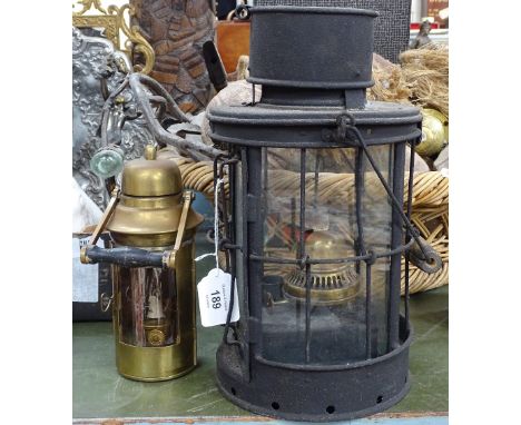 A Vintage brass oil lamp, and a larger lantern, 32cm 