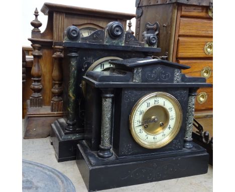 A slate-cased mantel clock, an oak mantel clock with 2-train movement, height 38cm, and another (3) 
