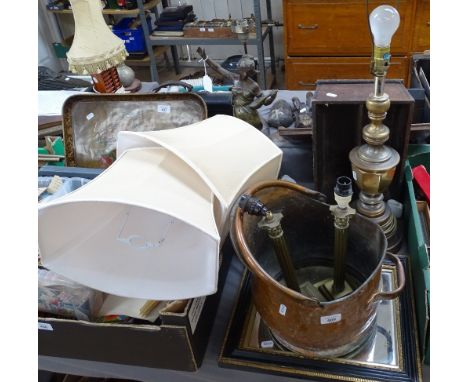 A pair of brass lamps and shades, a mirror, a tall lamp, and a cutlery tray 