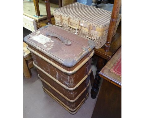 A Vintage slat-bound travelling trunk, and a wicker picnic hamper (2) 