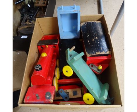 A Vintage painted wood toy train with carriages etc 