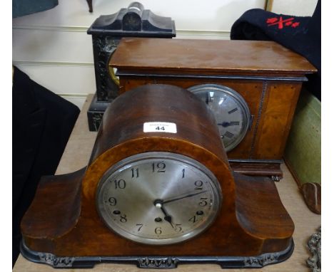 A walnut mantel clock by Edward of Glasgow, length 32.5cm, a slate clock, and a 3-train mantel clock 