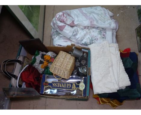 An eiderdown, a velvet patchwork throw, Guinness memorabilia etc 