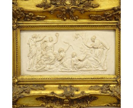 An embossed gilt-framed moulded panel depicting Classical figures, length 50cm 