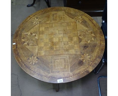 A 19th century Italian parquetry tilt-top table with games board design, on carved tripod base, W78cm, H73cm 