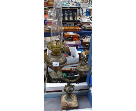 A brass oil lamp with chimney, height 50cm 