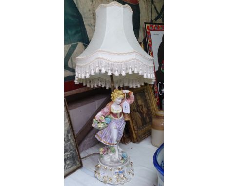 A Capodimonte figure table lamp and shade, 72cm overall 
