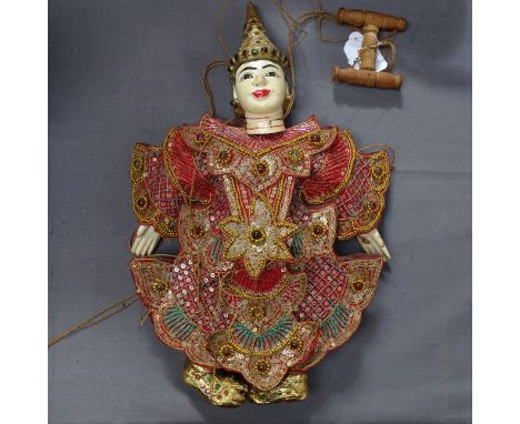 Southeast Asian carved and painted wood dressed puppet, height 38cm 