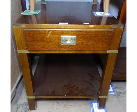 A mahogany military style brass-banded lamp table, with single drawer, W48cm 