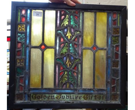 A leadlight stained glass panel with foliate decoration, inscribed Golden Jubilee Gift Of, height 43cm 