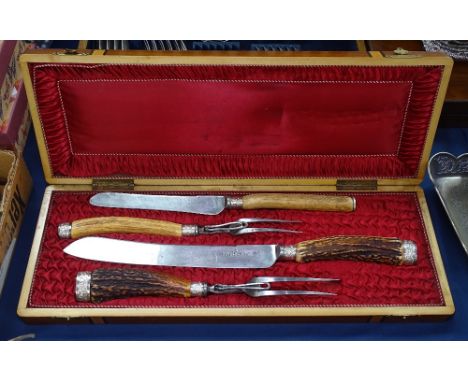 A Victorian horn-handled 4-piece carving set, in silk-lined fitted case, Harrison Brothers and Howson 