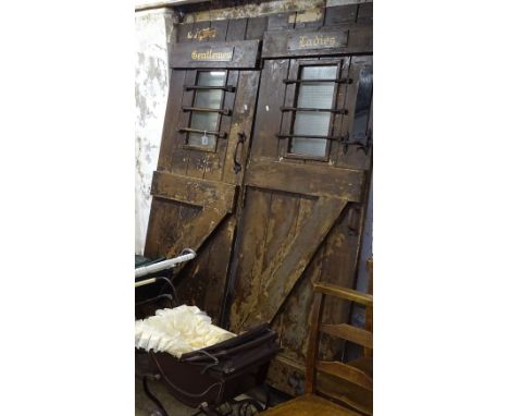 A pair of Vintage heavy pine panelled doors, originally from a pub, W74cm, H194cm 