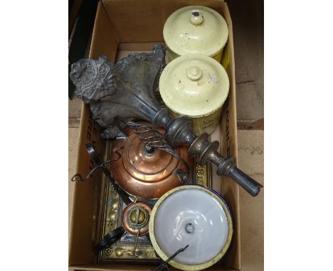 A tray of enamel jars and lids, a copper kettle on stand, silver plated table centre etc 