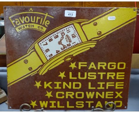 A Vintage enamelled sign advertising Favourite Watchco, length 45cm 