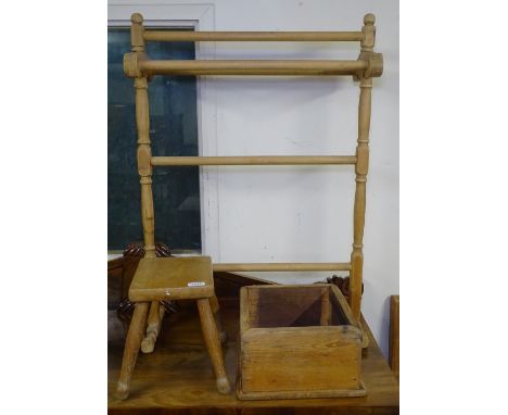 A pine towel rail, a stool, and a box (3) 