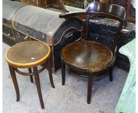 A Mundus &amp; J Kohn Ltd bentwood elbow chair, with paper label to the underside of the seat, and a bentwood stool with carv