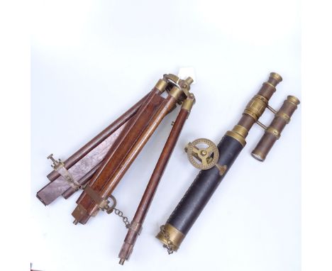 An Antique leather-covered brass telescope with sight, and adjustable brass-mounted wooden tripod by Ross 