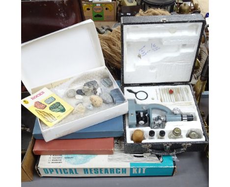 An optical research kit, a microscope and accessories, specimens etc 