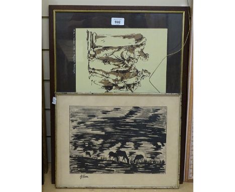 Jan Meakins and Jose Moia, lithograph, tiepolo's personnages, signed and dated 1979, framed, together with a Swiss print, fra