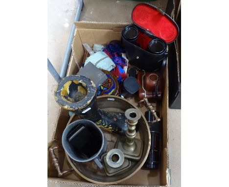 A camera, binoculars, a copper pan, a Russian box etc 