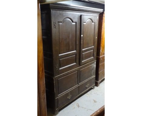 A 19th century oak 2-section cupboard, with fielded panel cupboard doors, and drawers to the base, W150cm, H194cm 