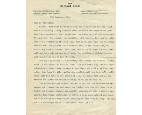 SHAW GEORGE BERNARD: (1856-1950) Irish Playwright, Nobel Prize winner for Literature, 1925. An excellent T.L.S., G. Bernard S