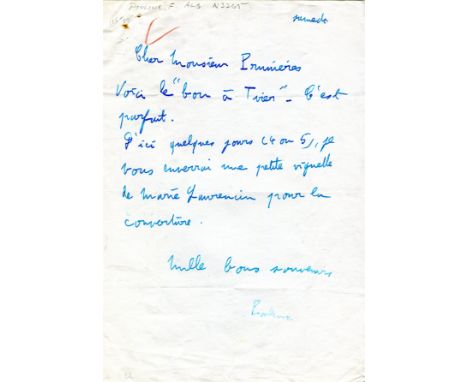 POULENC FRANCIS: (1899-1963) French Composer, a member of Les Six. A.L.S., Poulenc, one page, 4to, n.p., Saturday, n.d., to M