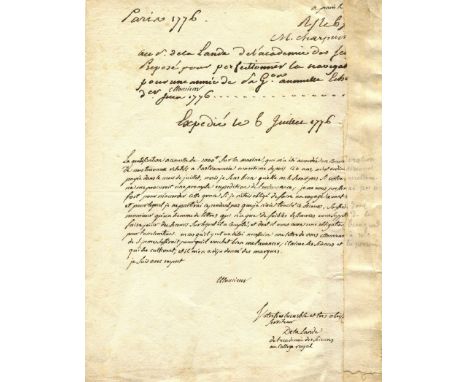 LALANDE JOSEPH JEROME: (1732-1807) French Astronomer. A good A.L.S., `De la Lande´, one page, 4to, Paris, 6th [June-July], 17