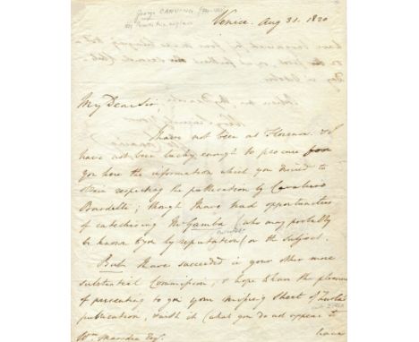 CANNING GEORGE: (1770-1827) British Prime Minister April - August 1827. A good A.L.S., Geo. Canning, two pages, 4to, Venice, 