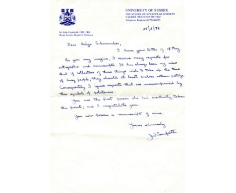 CORNFORTH JOHN: (1917-2013) Australian-British Chemist, Nobel Prize winner for Chemistry, 1975. Autograph Manuscript Signed, 