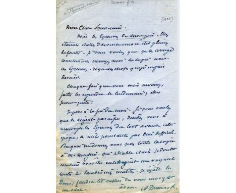 DUMAS ALEXANDRE: Fils (1824-1895) French Author and Dramatist. An excellent A.L.S., A. Dumas, one page, blue paper, 8vo, n.p.