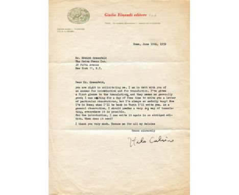 CALVINO ITALO: (1923-1985) Italian Journalist and Writer. T.L.S., Italo Calvino, one page, 4to, Rome, 19th June 1959, to Howa