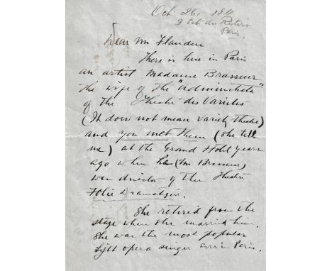 FULLER LOIE: (1862-1928) American Dancer and Actress. A.L.S., Loie Fuller, three pages, 8vo, Paris, 26th October 1911, to Ral