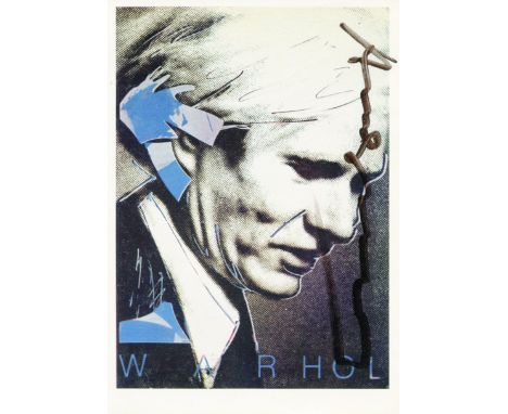 WARHOL ANDY: (1928-1987) American Pop Artist. Signed 4 x 6 postcard by Warhol. The colour postcard shows a stylized portrait 