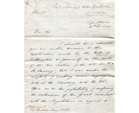 LIVERPOOL EARL OF: (1770-1828) British Prime Minister 1812-27. A very fine L.S., Liverpool, two pages, 4to, Fife House (White