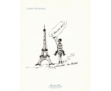 KOSINSKI JERZY: (1933-1991) Polish-American Novelist. A good original black pen and ink sketch drawn and signed by Kosinski, 