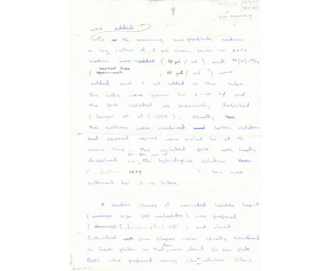 SANGER FREDERICK: (1918-2013) British Biochemist, Nobel Prize winner for Chemistry in 1958 & 1980. Autograph Manuscript, unsi