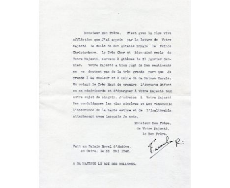 FAROUK I: (1920-1965) King of Egypt and the Sudan 1936-52. T.L.S., Farouk R, one page, 4to, Royal Palace of Abdin, Cairo, 26t