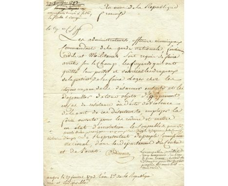 PHILIPPEAUX PIERRE: (1756-1794) Convention Deputy. Guillotined with Danton. L.S., Philippeaux, one page, 4to, Angers, 5th Dec